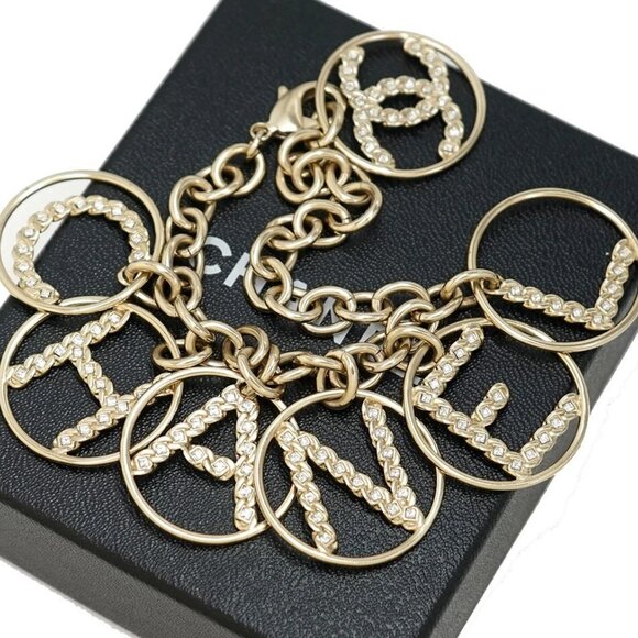 CHANEL CC Logos Charm Rhinestone Bracelet 8.2" Gold Tone B19P Auth c11482 - Picture 1 of 6